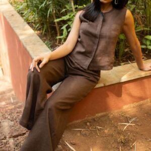 Women's Cotton Solid V Neck Sleeveless 2 Piece Outfit Loose Tank Top and Wide Leg Palazzo Pants Sets cord set ( Brown )