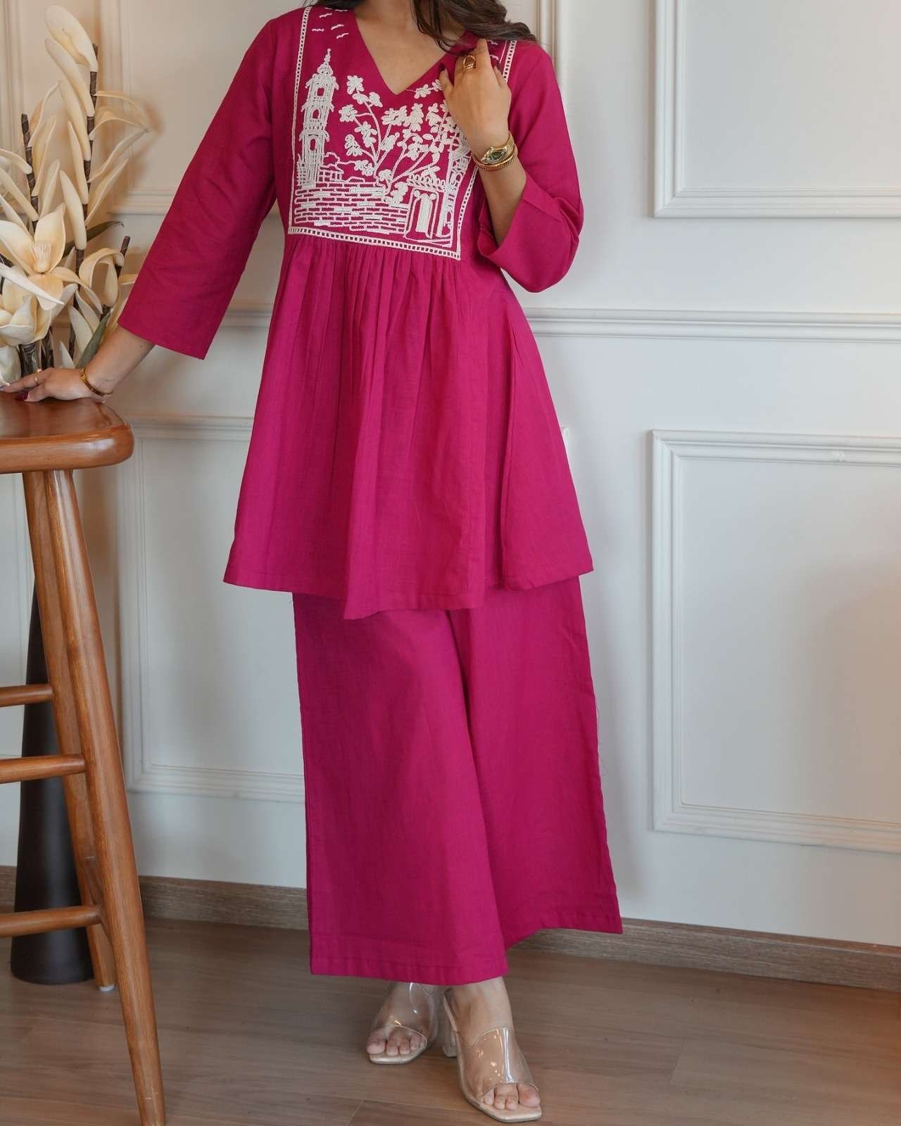 Women's Cotton Embroidered Short Anarkali Kurti with pant